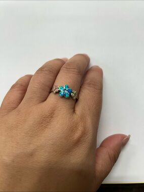 Blue Opal Floral 925 Sterling Silver Ring Size 10.5